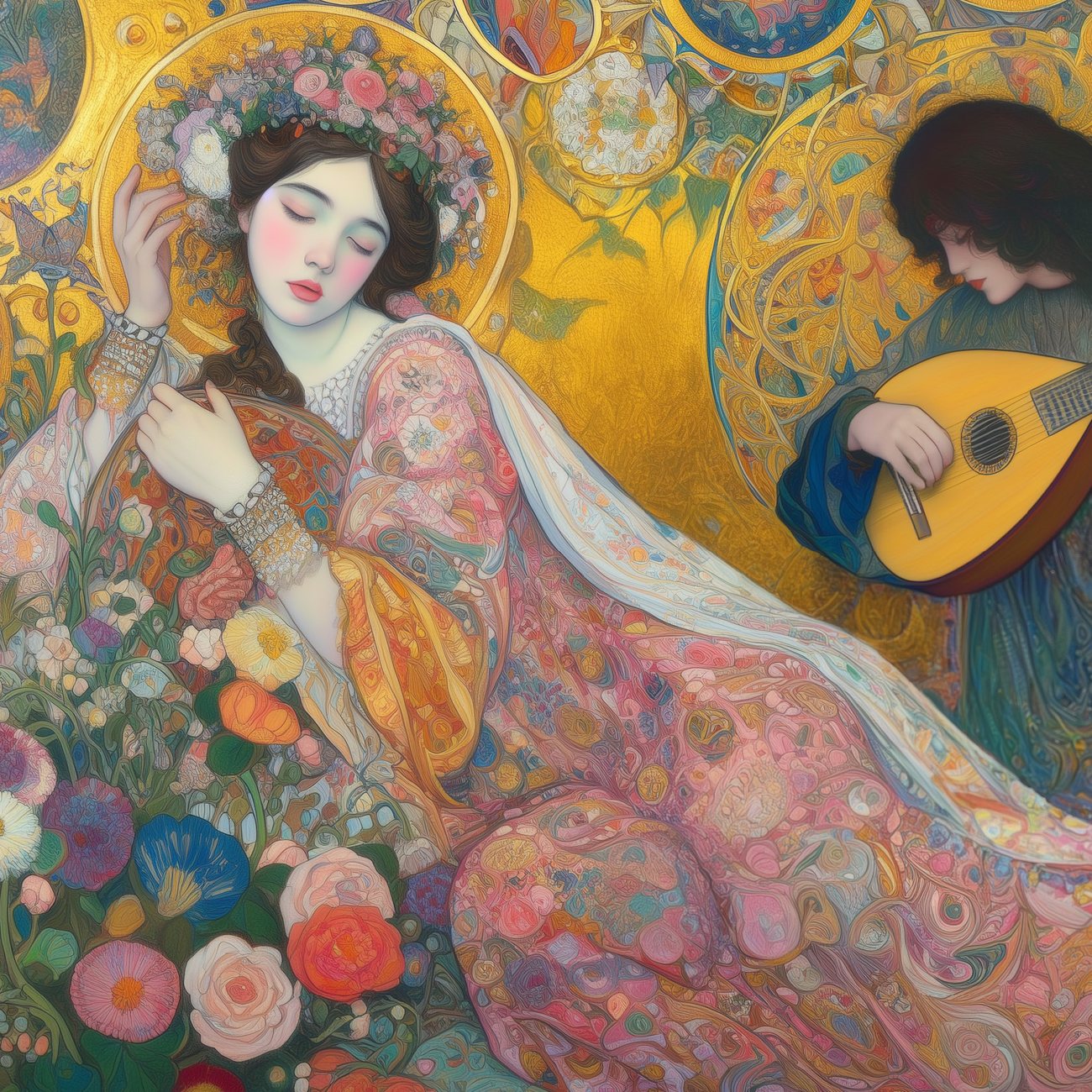 Illustrated spread — the beloved among flowers with a lute player