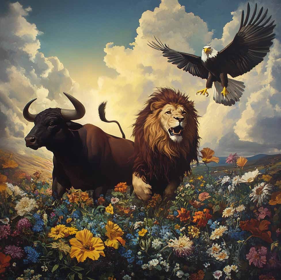The lion and the ox amid a field of flowers