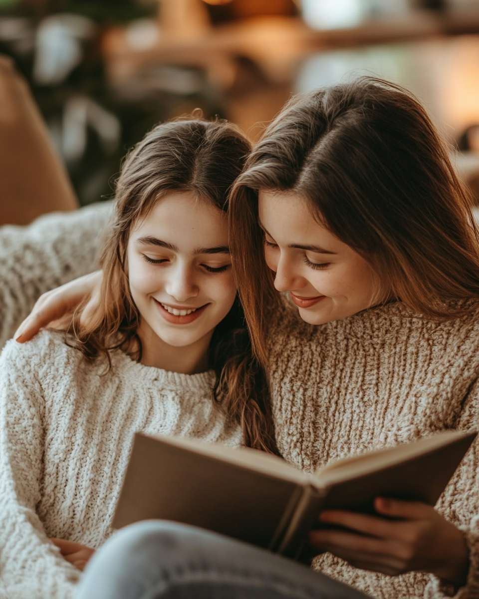 A teenage girl and her mother reading one of the books together, smiling